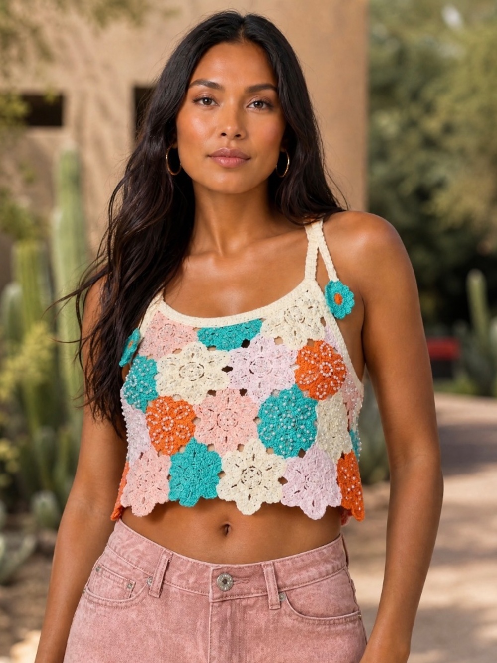 POL Crochet Floral Pearl Beaded Tie Strap Crop Top | Boho Festival - Picture 8 of 8